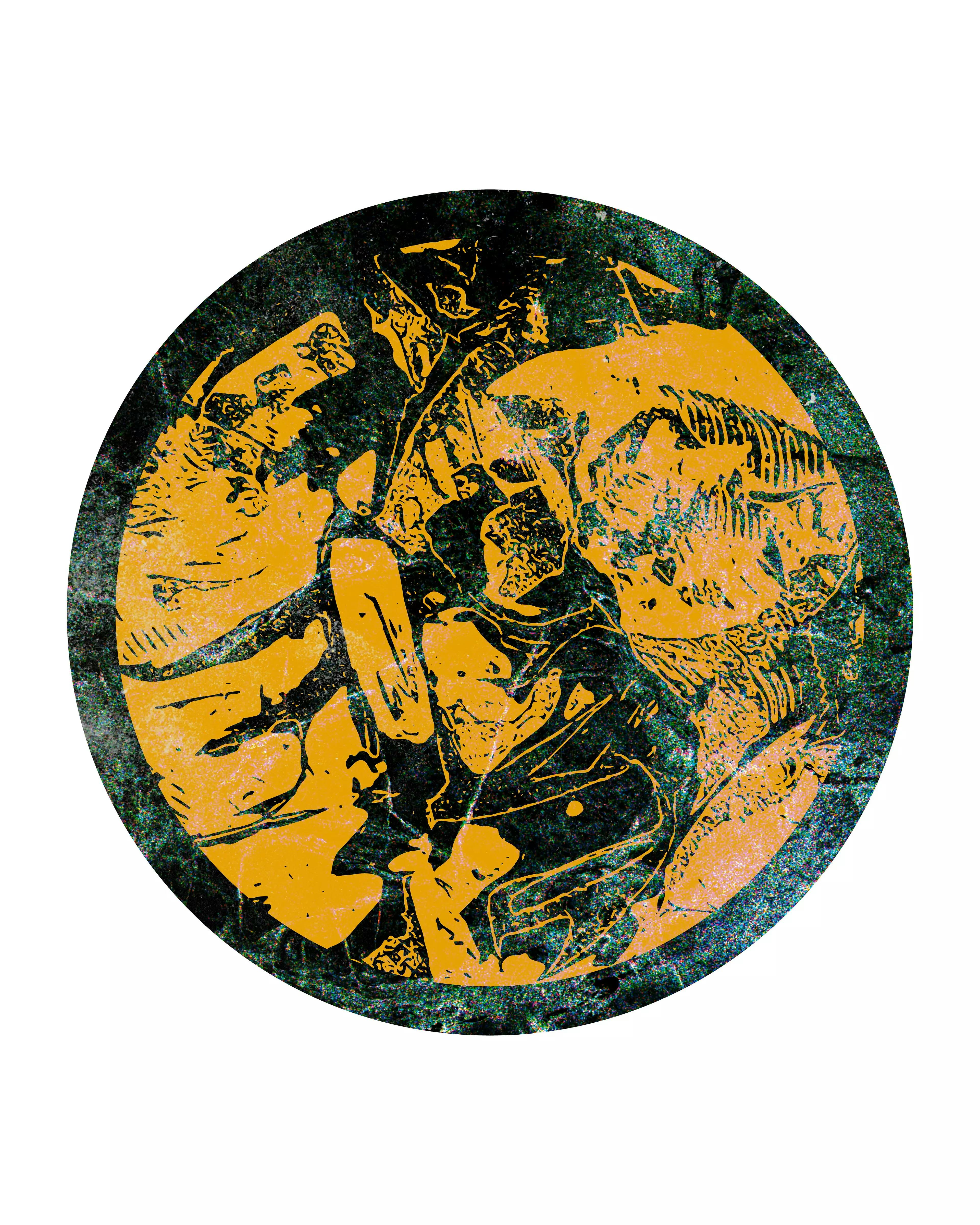 A circular green and gold abstract painting